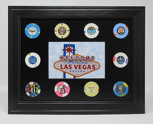Las Vegas Sign Photo and 10 Real Casino Poker Chips Wall Display Picture Frame Made in USA