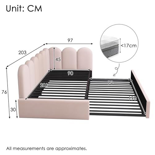 Miniatura 2 de Viekos Cama Tapizada De Día 90 X 200 Cm, Sofá Cama Con Cama Nido De 90 X 190 Cm, Cama Infantil Con Somier, Terciopelo, Rosa, Sin Colchón