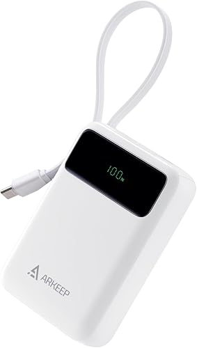 Cargador portátil de 10000 mAh, banco de energía con 22.5 W PD carga rápida cable integrado tipo C, salidas USB-C y USB-A, cargador de teléfono