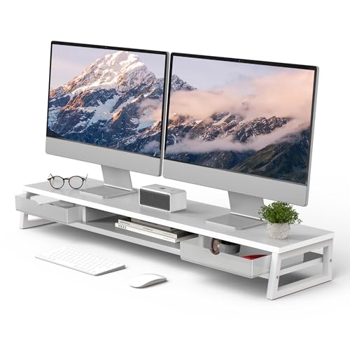 Image of Fenge Dual Monitor Stand, Monitor Riser with Drawer, 42.5 Inch Large Computer Monitor Stand for 2 Monitors, 2 Tier Wooden Desk Shelf for Top of Desk