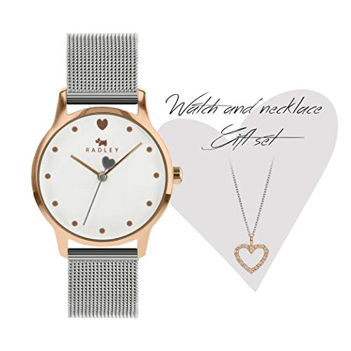 RADLEY Heart Dial Ladies Silver Stainless Steel Mesh Strap Contrast Hand Watch with Heart Necklace RY4411A