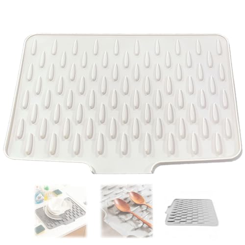 Silicone Dish Drying Mat for Kitchen Counter with Fast Drainage Design, Non-Slip & Heat Resistant Sink Drainer Mat, Easy to Clean Drying Pad for Dishes, Fruits & Vegetables (White)