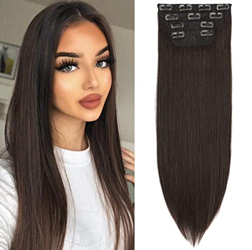 Clip in Extensions Braun Glatt 50cm 4 Teiliges Set 190g wie Echthaar Haarverlängerung Haarteile Clip in Extension Lang Locken Synthetisch Haarteile Zopf für Damen Straight Dunkelbraun 6#051B Cover