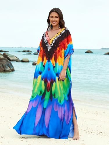 Image of IMAGEKOPE Women's Plus Size Loose Fit Moroccan Print V-Neck Batwing Kaftan Beach Dress Bathing Suit Cover Up