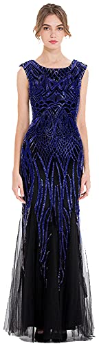 Angel-fashions Mujer Lentejuela Bateau Manga del Casquillo Joven a la Moda Sirena Vestido de Noche (Medium, Azul Negro) Cover