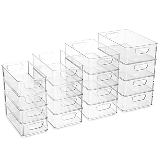 Munfix Set Of 16 Refrigerator Organizer Bins - Plastic Pantry Organization and Storage Baskets - Stackable Food Fridge Organizers with Cutout Handles for Freezer, Kitchen, Countertops, Cabinets