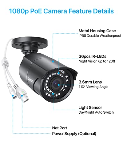 Zosi H.265+2Mp Security Poe Camera, 1920X1080, 120Ft Night Vision, 3.6Mm Lens, Ip67 Weatherproof Indoor Outdoor Ip Camera 1080P (Only Work With Zosi Poe Nvr,Model: 1Ar-08Em-00/10/20-Us) #TOP1