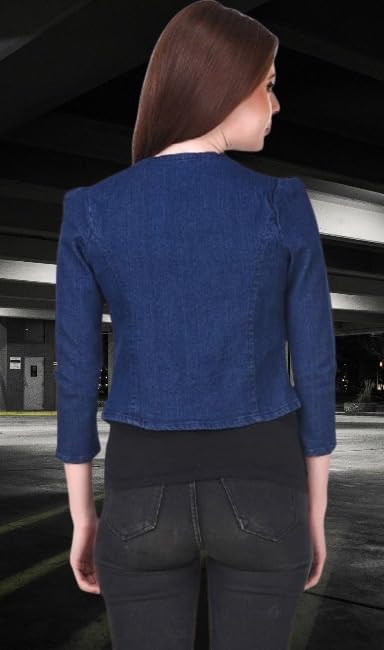 Image of Wingzss Women's Denim Cropped Blazer, Button Front, 3 /4 Sleeve, Sky Blue