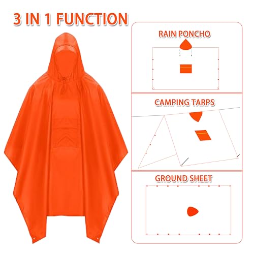 Hooded Rain Poncho with Pocket Waterproof Lightweight Unisex Raincoat Fishing Hiking-Black/Grey/Orange/Green/Brown4