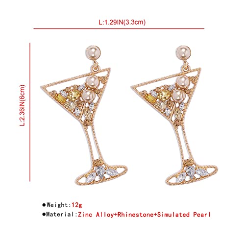 COLORFULBLING Handmade Champagne Martini Wine Glass Dangle Earrings Shiny Rhinestones Crystal Pearl Beaded Drop Earrings Charming Cocktail Glass Lovely Pencil Rugby Earrings for Women Jewelry Gift(Champagne cup)4