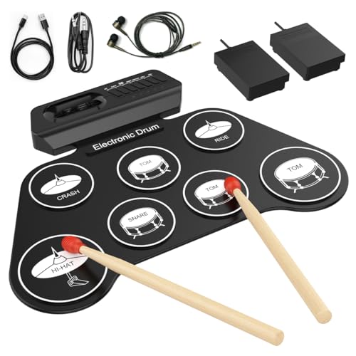 AiJoy Portable Electronic Drum Set for Kids – 7 Pads, Built-in Speaker, Rechargeable Roll-Up Drum Kit with Headphone Mode & Demo Songs – Ideal Gift for Beginners & Children