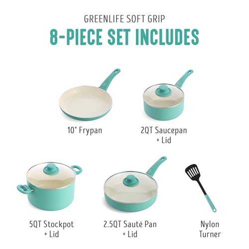 Image of GreenLife Soft Grip 8 Piece Cookware Set, Non-Toxic PFAS-Free Ceramic Nonstick, Frying, Sauce, Saute, Utensils, Glass Lids, Stay-Cool Handles, Wobble Free, Dishwasher & Oven Safe, Turquoise
