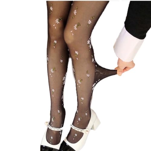WOWARKI Floral Embroidery Sheer Pantyhose for Women, Sexy Tights Floral Patterned Lace Leggings, Rose Pattern High Waist Stockings (US, Alpha, One Size, Regular, Regular, Black)