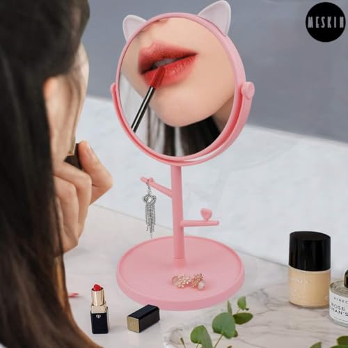 Image of MESKIN Cute Cat Ear Vanity Makeup Mirror with Storage Tray and Jewelry Holder Stand, 360 Desktop Swivel Dressing Table Mirror for Girls, Teens, Dorm Room, Bathroom Mirror (Pack of 1, Pink)
