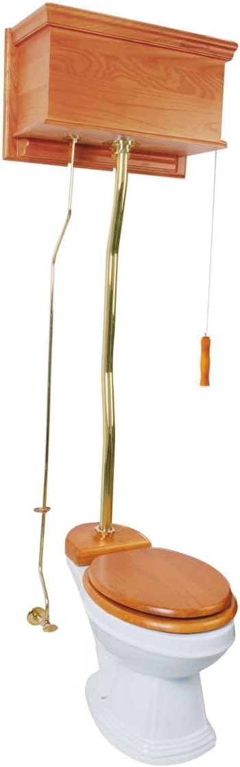 Renovators Supply Manufacturing High Tank Pull Chain Toilet With Light Oak Wooden Flat High Tank 59 In. To 74 In. Adjustable Height Brass Z Pipe And Elongated Toilet Bowl