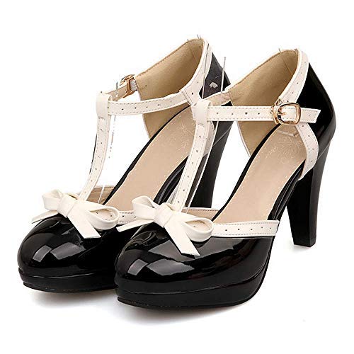Robasiom Fashion T Strap Bows Womens Platform High Heel Pumps Shoes 9B(M)US Black