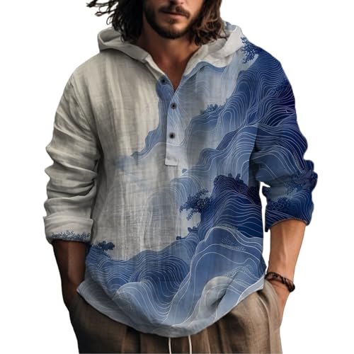 Mens Graphic Hoodies Henley Sweatshirt Hooded Button Down Japanese Art Oversized Hoodie Long Sleeve Shirts