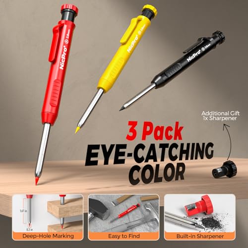 Nicpro 3 Stück CP1000 Zimmermannsbleistifte mit Spitzer, Druckbleistifte mit 39 Minen, Tieflochmarker mit langer Spitze für den Bau, robuster Bleistift Baustelle für Architektenmarkierungen