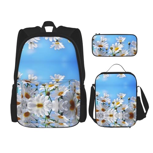 Cartable école marguerites résistant et imperméable avec sac repas isotherme noir
