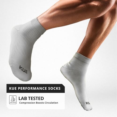 Image of KUE Compression Ankle Socks for Men & Women | Arch Support, Pain Relief & Blood Circulation | Sports, Running, Travel, Gym, Daily Use | Anti-Odour Moisture Wicking | (Blue, White, L /XL, 2 Pair)