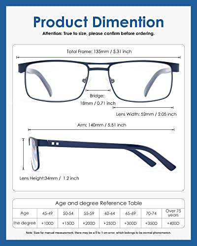 Feivsn 3 Pack Reading Glasses For Men, Blue Light Blocking Mens Readers Full Metal Frame Rectangle Eyeglasses With Spring Hinge +3.0 thumb #2