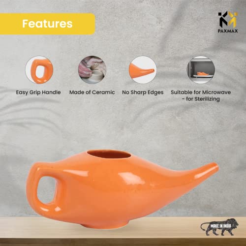Image of PAXMAX Porcelain Ceramic Neti Pot for Sinus, Jal Neti pots for Nasal Cleansing, Nose congestion and Passages Jala kriya (Orange)