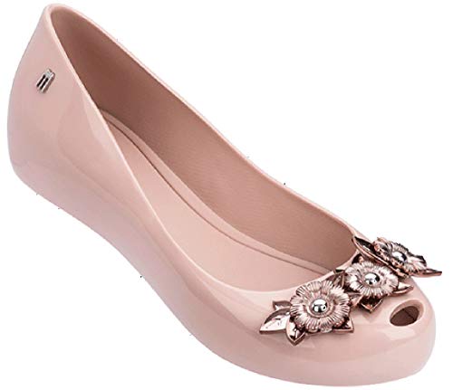 Melissa Womens Harmonic Flower Chrome Ballet Flat, Pink Black, Size 8
