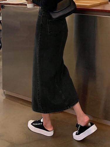Image of KOTTY Women's High Waist Denim Maxi Skirt with Front Slit | Stylish Long Jean Skirt for Women | Trendy Straight Fit Casual Wear