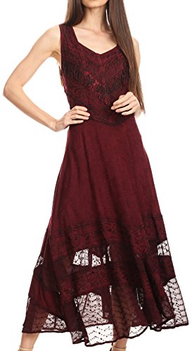 Image of Sakkas Zendaya Stonewashed Rayon Embroidered Floral Vine Sleeveless V-Neck Dress