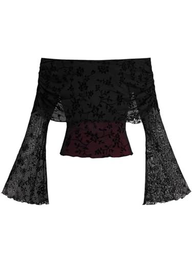 Verdusa Women's 70s Off The Shoulder Renaissance Tops Bell Flared Sleeve Floral Fairycore Mesh Crop Tops Goth Black Medium