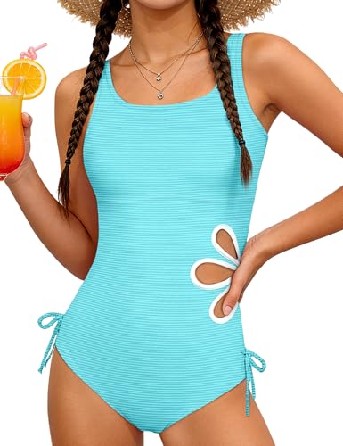 Image of KANGKANG Girls Swimsuit Solid Color Cut Out One Piece Bathing Suit with Chest Pad Adjustable Strap Round Neck Girls' Swimwear
