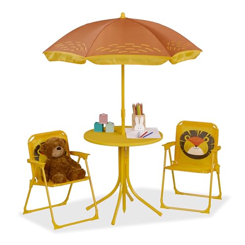 Relaxdays Mobiliario Infantil Jardín, Estampado León, Sombrilla de Playa, Sillas Plegables, Mesa para Niños, Amarillo, 50% Hierro 20% plástico 30% poliéster, 126 x 100 x 100 cm