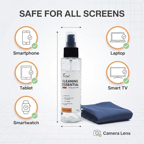 Image of Techie Essential Cleaning Kit Screen Cleaner Spray with 30x30 cm Microfiber Cloth for Laptop Phone Tablet Monitor and Glass, 120ml