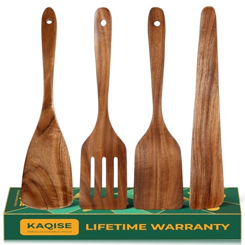 KAQISE Wooden Spatula for Cooking, Natural Teak Wood Utensils including Frying Flat Spatula Turner, Wooden Kitchen Utensils Set (4Pcs)