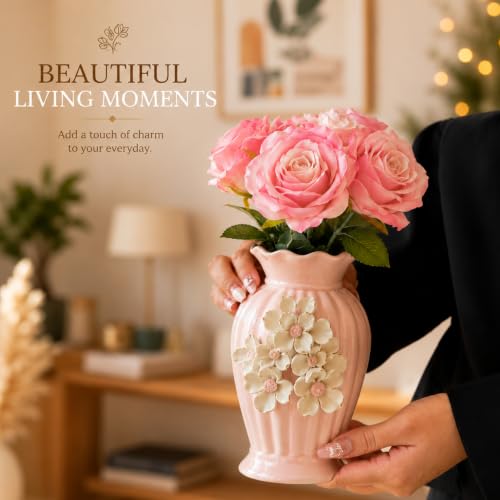 Image of MARKET 99 Pink Ceramic Decorative Vase | Glossy Flared Rim Embossed Leaf Pattern Flower Vase | Elegant Tabletop Accent for Fresh Flowers, Artificial Stems, Home, Office & Shelf Decor