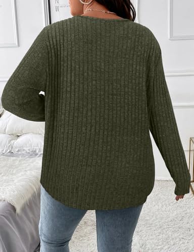 Image of Koscacy Women Plus Size Casual Knit Sweater with Pocket V Neck Solid Color Tops Lightweight Long Sleeve Blouses