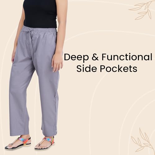 Image of Happy Bunny Parallel Pants for Women 100% Cotton Ankle Length Trousers Regular Fit with Elastic Drawstring Stylish & Pockets Casual Formal Wear for Office & Home