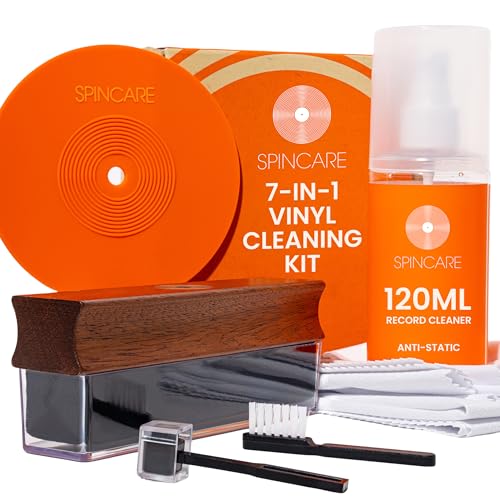 SPINCARE 7 en 1 Limpiador de Vinilos | Cepillo Velvet con Mango de Madera y Cubierta Antipolvo | Solución 120ml | Cepillo para Aguja y Cubierta Antipolvo | Protector de Etiqueta | Paños de Microfibra