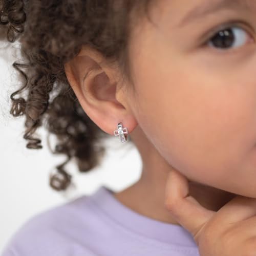 925 Sterling Silver Clear Cubic Zirconia Open Cross Huggie Hoop Earrings For Little Girls & Young Teens 11mm - Adorable Religious Gift Perfect For Christening & Baptism3