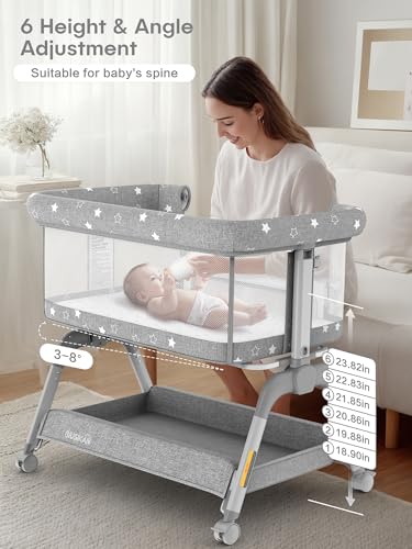 BIUSIKAN Bassinet Bedside Sleeper, Baby Crib with Mattress and Adjustable Height & Upgraded Wheels, All Mesh Portable Bassinet for Co-Sleeping, Baby Bed for Newborn - Image 5
