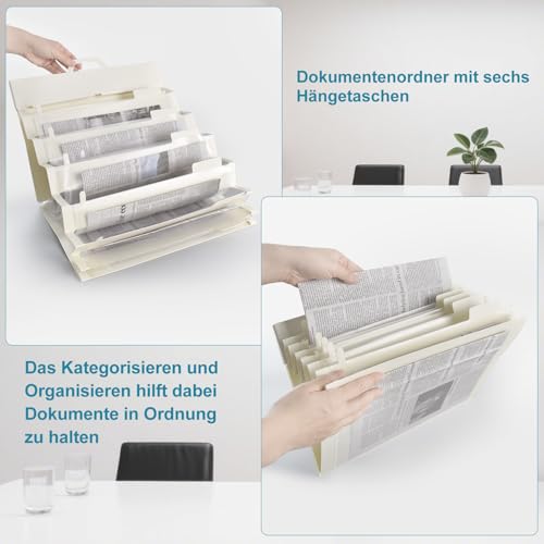 Yuunaie Hängender Wandordner, Aktenordner mit 6 hängenden Taschen, Aktenaufbewahrung mit Etiketten und Haken, kaskadierender Wandordner, tragbarer und faltbarer Aktenordner