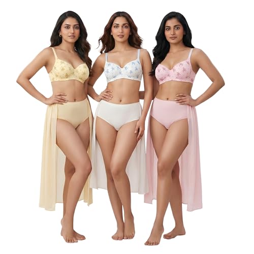 Image of Women's Pure Cotton Blend Lightly Padded Bra (Pack of 3) | Full Coverage Wirefree T-Shirt Bra | Soft Breathable Everyday Bra | Adjustable Straps | Comfortable Multicolor Bra