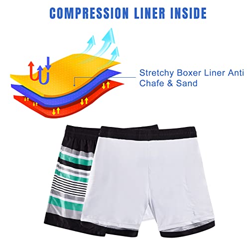 Cozople Mens Swim Trunks With Compression Liner 7'' Striped Swimming Shorts Quick Dry Swimwear Boardshorts With Boxer Brief Lined No Mesh #TOP4