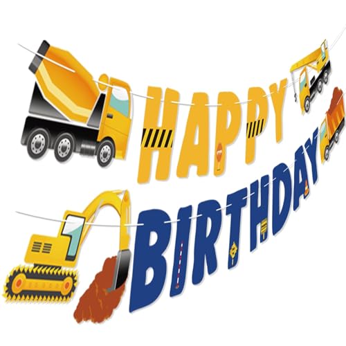 Construction Birthday Banner - Pre-strung Excavator HAPPY BIRTHDAY Banner for Baby Boy Toddler Kids Birthday Truck Party Decorations