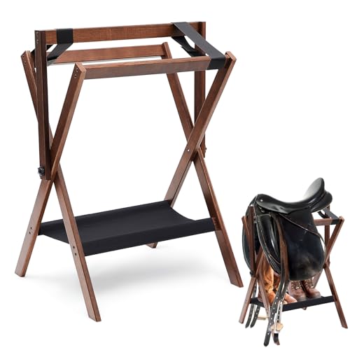 Leinuosen 1 Pack Pine Wood Saddle Rack Portable Folding Horse Saddle Stand 20" L x 17" W x 30" H Storage Pad Rack Blanket Display Holder for English Western Horse Gear Tack Organizers (Vintage Brown)