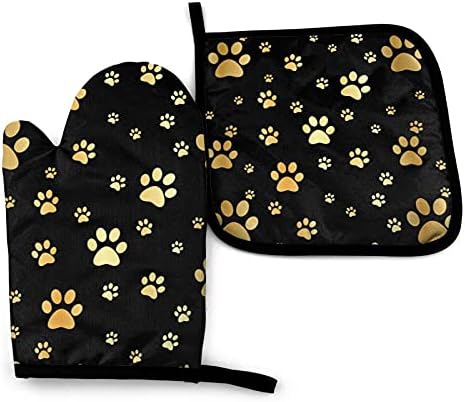 Perinsto Golden Dog Paw Prints Oven Mitts & Pot Holders Kitchen Set Heat Resistant Animal Golden Footprints Decorative Cooking Gloves Microwave Oven Gloves for Baking Grilling BBQ