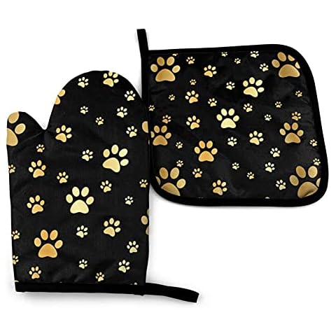 Perinsto Dog Gold Paw Prints Oven Mitts & Pot Holders Kitchen Set Heat Resistant Animal Golden Footprints Decorative Cooking Gloves Microwave Oven Gloves for Baking Grilling BBQ Cover