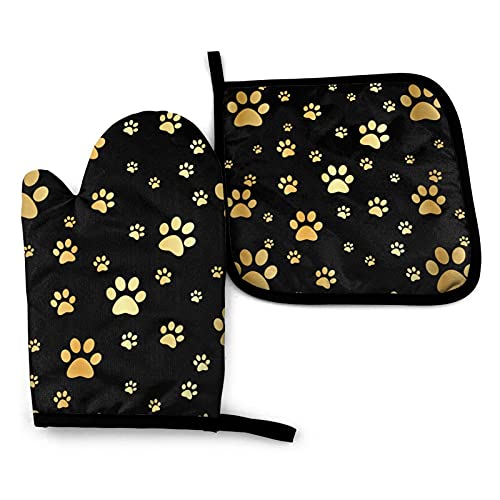 Perinsto Golden Dog Paw Prints Oven Mitts & Pot Holders Kitchen Set Heat Resistant Animal Golden Footprints Decorative Cooking Gloves Microwave Oven Gloves For Baking Grilling Bbq #TOP18