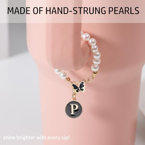 Image of Letter Charm for Stanley Cup,Pearl Chain Accessories Stanley Cup Initial Charms for Handle Stuff Decor Water Bottle Jewelry Tumbler Cute Personalized Name ID Decorations Black Tag (P)