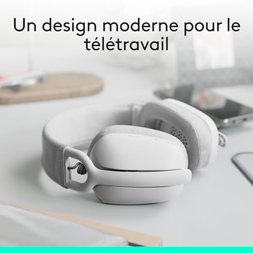 Logitech Zone Vibe 100 Casque d'écoute léger sans fil avec Micro anti-bruit de fond, Écouteurs Bluetooth multipoint avancés, Fonctionne avec Teams, Google Meet, Zoom, Mac/PC - Blanc